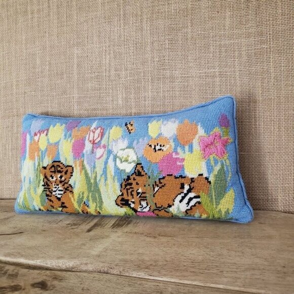 Vintage Hand-Stitched Needlepoint Pillow Tiger Cubs Tulip Flowers Baby Nursery - Picture 12 of 13